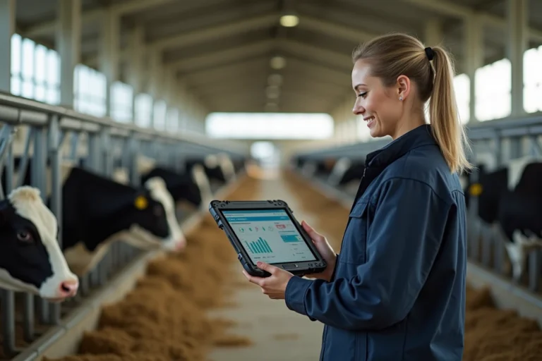 Éleveuse laitière consultant un tableau de bord numérique sur tablette dans une étable moderne pour gérer son troupeau