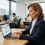 Employée Air France connectée à son compte IntraLignes sur un ordinateur portable dans un bureau moderne