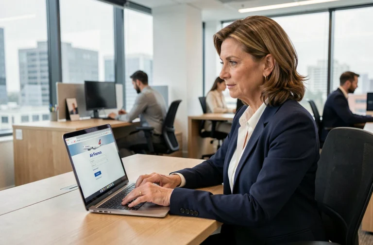 Employée Air France connectée à son compte IntraLignes sur un ordinateur portable dans un bureau moderne