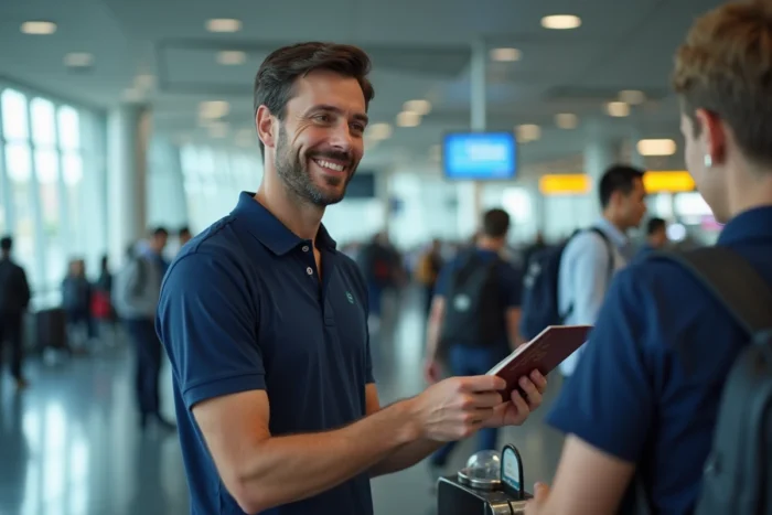 Voyageur présentant son passeport au comptoir d'enregistrement easyJet à l'aéroport en vérifiant son deuxième prénom sur le billet