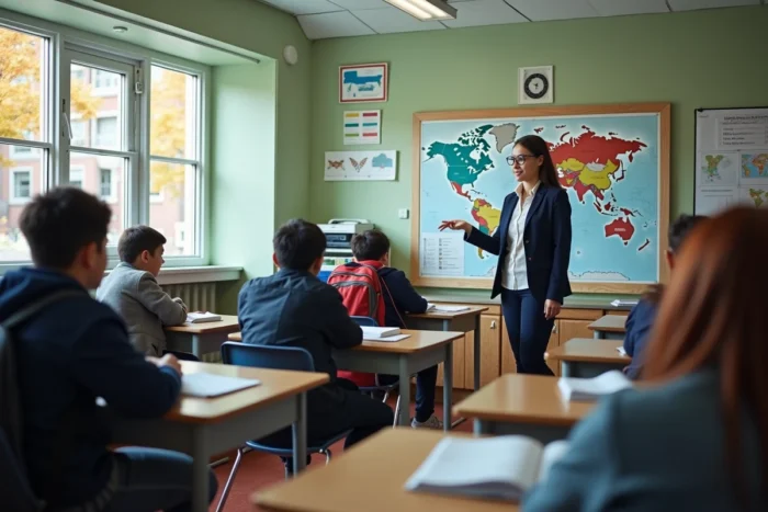 Enseignante devant une carte du monde expliquant la diversité culturelle à un groupe d'élèves adolescents dans une salle de classe multiculturelle