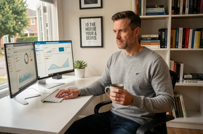 Entrepreneur travaillant depuis son bureau à domicile avec des outils digitaux, représentant les services numériques incontournables pour une entreprise performante