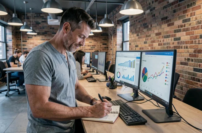 Entrepreneur prenant des notes sur des ressources business dans un espace de coworking moderne avec double écran