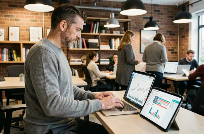 Entrepreneur masculin utilisant un logiciel de gestion financière sur tablette dans un espace de coworking