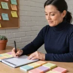Femme entrepreneur organisée consultant son agenda papier dans un bureau à domicile épuré et fonctionnel