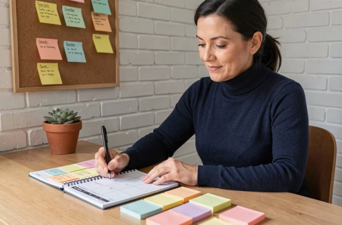 Femme entrepreneur organisée consultant son agenda papier dans un bureau à domicile épuré et fonctionnel