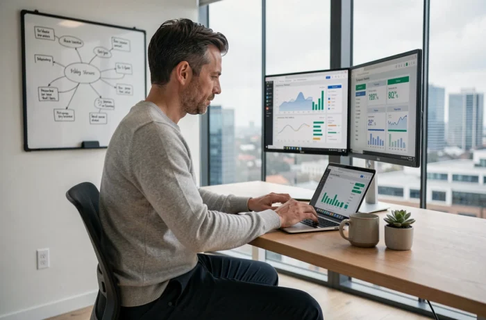 Entrepreneur concentré sur des tableaux de bord analytiques pour optimiser les performances de son entreprise