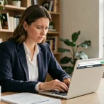 Entrepreneuse consultant le portail CAF sur son ordinateur portable dans un bureau à domicile moderne