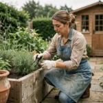 Femme entretenant un potager surélevé en bois avec des ciseaux de jardinage, dans un jardin verdoyant avec allée en pierre