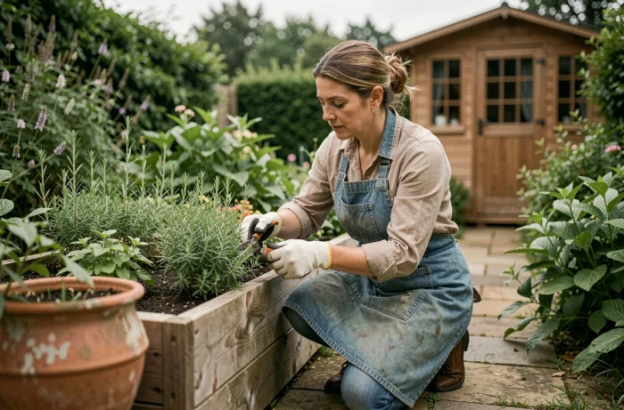 Femme entretenant un potager surélevé en bois avec des ciseaux de jardinage, dans un jardin verdoyant avec allée en pierre
