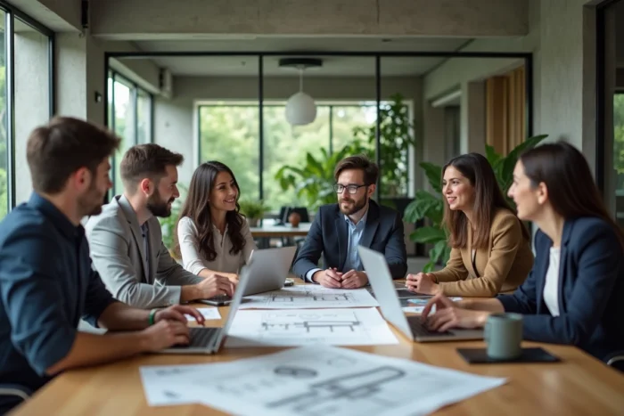Équipe multiculturelle CBRE en réunion collaborative autour de plans immobiliers