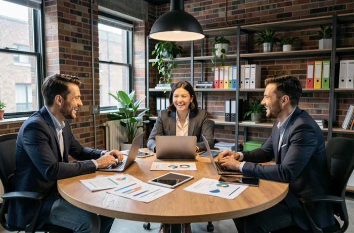 Équipe de professionnels collaborant autour d'une table pour trouver des solutions business innovantes