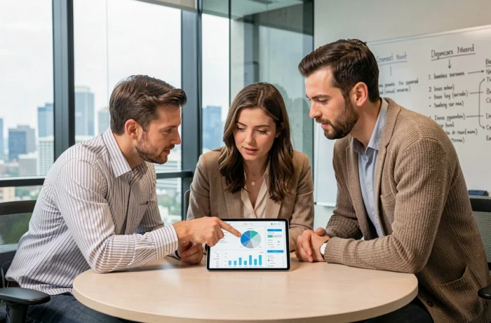 Équipe de professionnels discutant de ressources business en ligne autour d'une tablette en salle de réunion