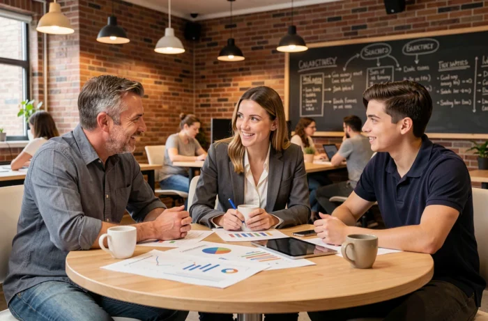 Équipe professionnelle en réunion collaborative dans un espace de coworking, symbolisant les services essentiels pour développer une entreprise