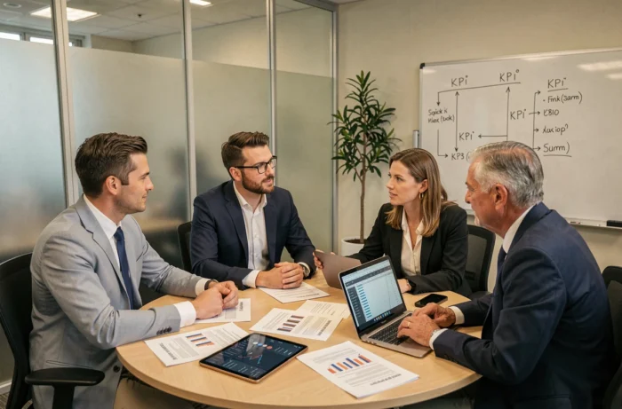 Équipe de professionnels en réunion autour de rapports financiers et de tableaux de bord numériques