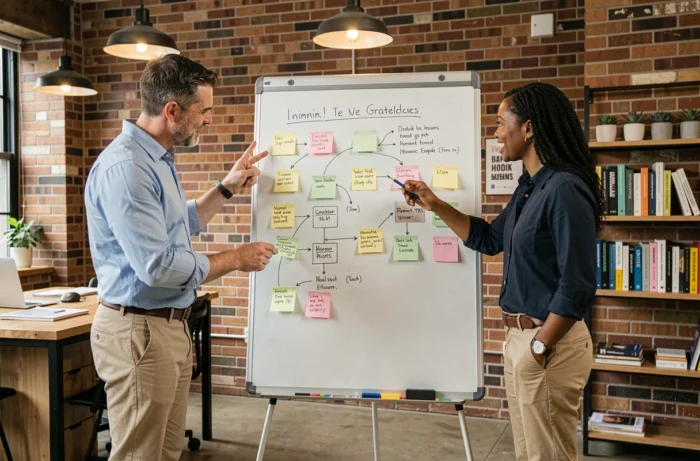 Équipe de professionnels collaborant sur une stratégie de croissance personnalisée dans un espace de coworking
