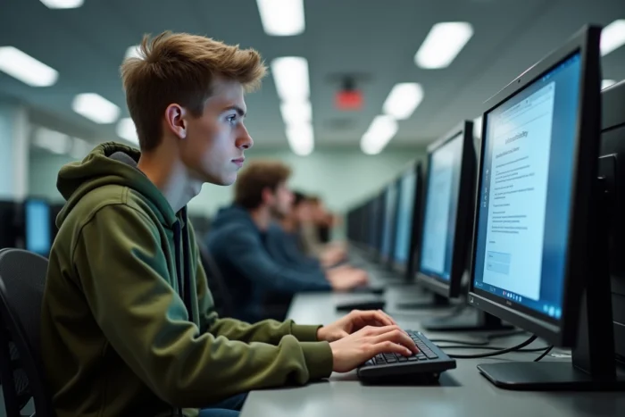 Étudiant en salle informatique MFR accédant à l'espace intranet depuis un ordinateur de bureau