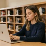 Étudiante consultant son webmail Nantes Université sur un ordinateur portable dans une bibliothèque universitaire