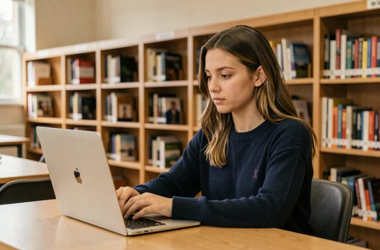 Étudiante consultant son webmail Nantes Université sur un ordinateur portable dans une bibliothèque universitaire