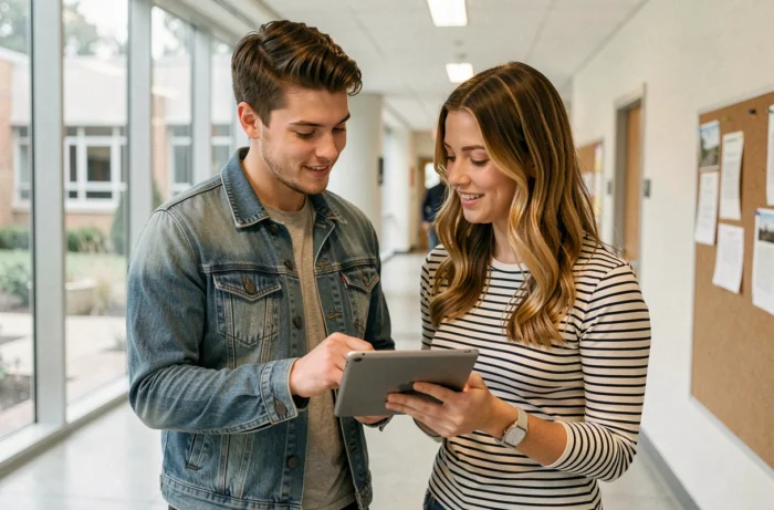 Deux étudiants consultant les paramètres de stockage du webmail de Nantes Université sur une tablette dans un couloir universitaire