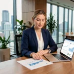 Femme d'affaires analysant des graphiques de croissance dans un bureau moderne vitré avec vue sur la ville