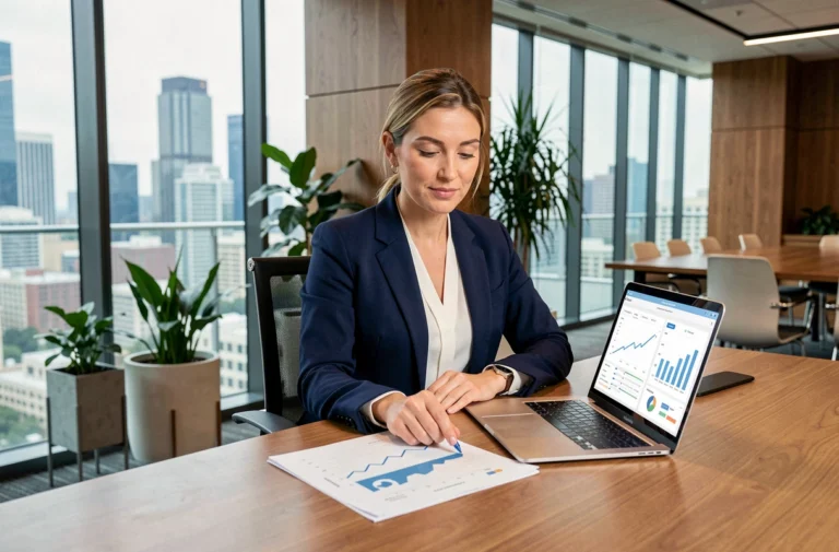 Femme d'affaires analysant des graphiques de croissance dans un bureau moderne vitré avec vue sur la ville