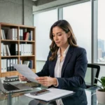 Femme d'affaires sérieuse travaillant dans un bureau moderne, illustrant les services professionnels pour booster une entreprise