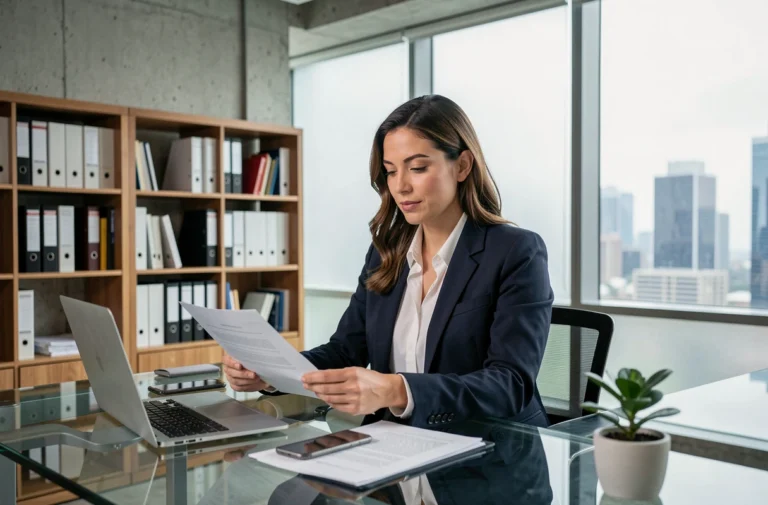 Femme d'affaires sérieuse travaillant dans un bureau moderne, illustrant les services professionnels pour booster une entreprise