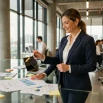 Femme d'affaires analysant des graphiques de croissance dans un bureau moderne pour booster son entreprise