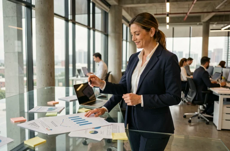 Femme d'affaires analysant des graphiques de croissance dans un bureau moderne pour booster son entreprise