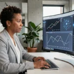 Femme professionnelle analysant des données d'intelligence artificielle sur un écran incurvé dans un bureau moderne