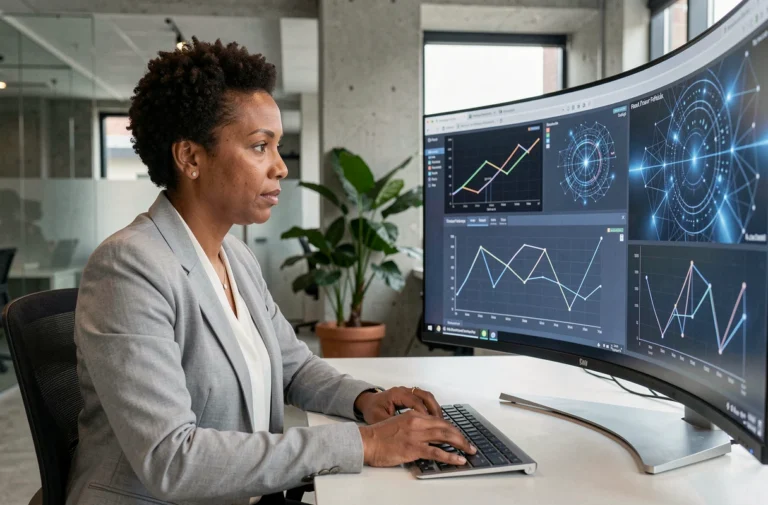 Femme professionnelle analysant des données d'intelligence artificielle sur un écran incurvé dans un bureau moderne