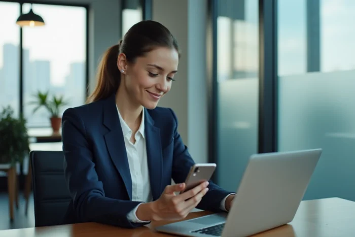 Une femme en bureau consulte son application Free Mobile pour gérer son forfait et comprendre sa nouvelle facture