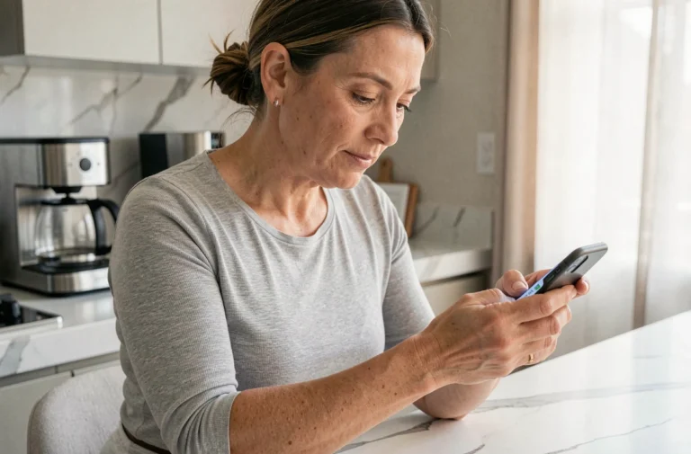 Femme utilisant une application de suivi santé sur smartphone dans une cuisine moderne au quotidien