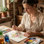 Femme peignant des aquarelles florales à une table en bois dans un atelier créatif chaleureux