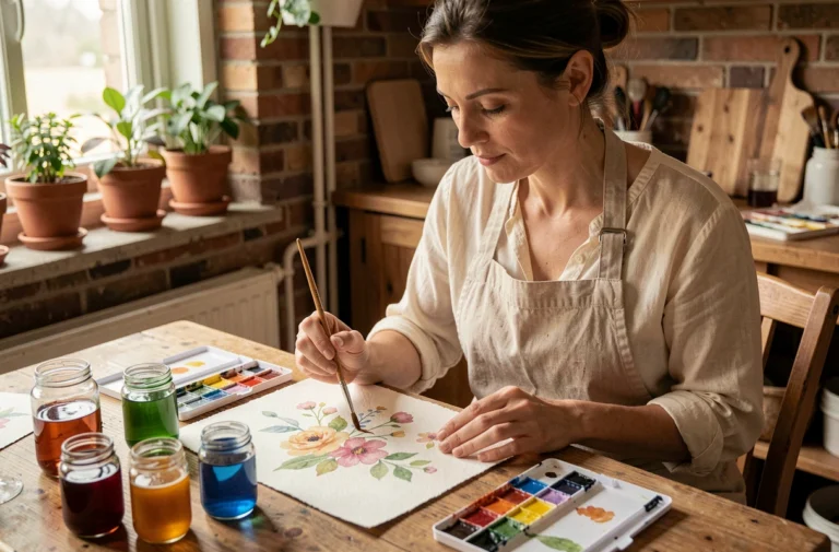 Femme peignant des aquarelles florales à une table en bois dans un atelier créatif chaleureux