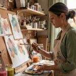 Femme artiste peignant à l'aquarelle dans un atelier créatif fait maison, entourée de pinceaux et de toiles colorées