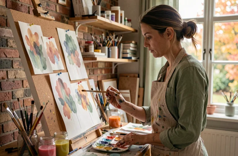 Femme artiste peignant à l'aquarelle dans un atelier créatif fait maison, entourée de pinceaux et de toiles colorées