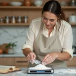 Femme utilisant une balance de cuisine numérique pour peser de la farine dans une cuisine moderne avec étagères en bois