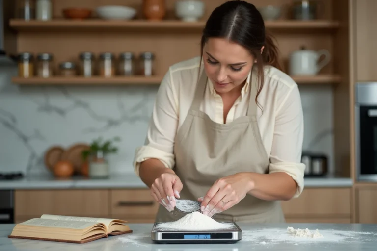 Femme utilisant une balance de cuisine numérique pour peser de la farine dans une cuisine moderne avec étagères en bois