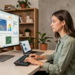 Femme utilisant un bureau numérique moderne avec écran ultrawide et logiciels de productivité dans un espace de travail minimaliste