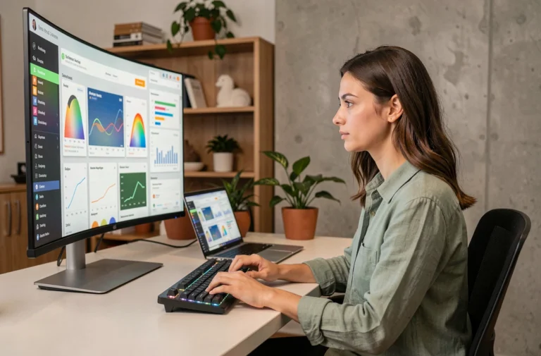Femme utilisant un bureau numérique moderne avec écran ultrawide et logiciels de productivité dans un espace de travail minimaliste