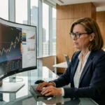 Femme cadre analysant des graphiques financiers sur un grand écran dans un bureau moderne et lumineux