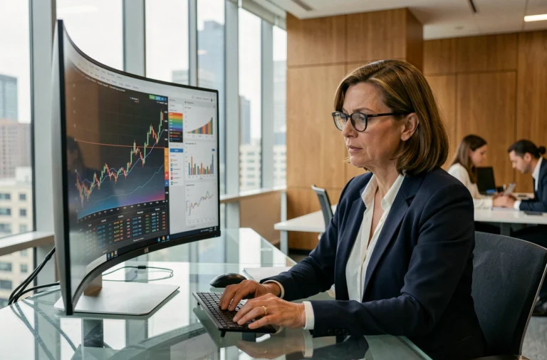 Femme cadre analysant des graphiques financiers sur un grand écran dans un bureau moderne et lumineux