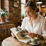 Femme préparant son voyage dans un carnet de voyage ouvert dans un café européen vintage