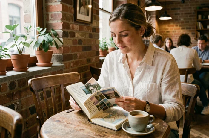 Femme préparant son voyage dans un carnet de voyage ouvert dans un café européen vintage