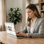 Femme professionnelle consultant le site Albrad sur un ordinateur portable dans un bureau moderne