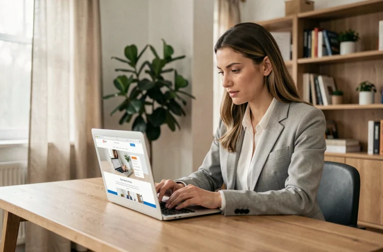 Femme professionnelle consultant le site Albrad sur un ordinateur portable dans un bureau moderne