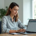 Femme professionnelle consultant ses bulletins de paie sur le portail My Arkevia depuis un ordinateur portable au bureau