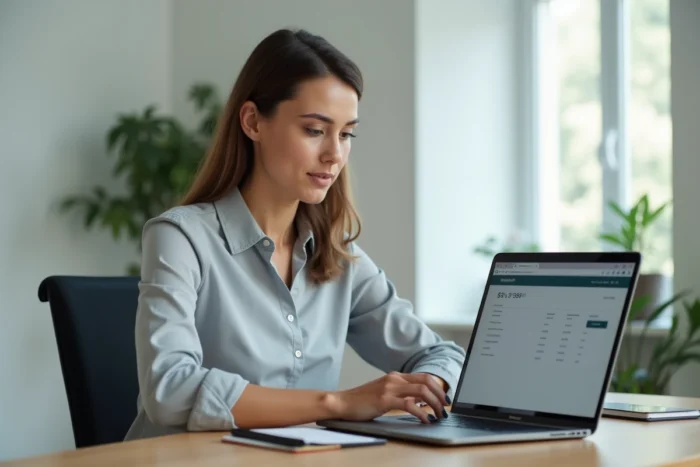 Femme professionnelle consultant ses bulletins de paie sur le portail My Arkevia depuis un ordinateur portable au bureau